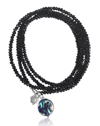 Ocean Beauty Wrap Bracelet with Abalone & Beach Flower Charms embellished Midnight Dark Crystal