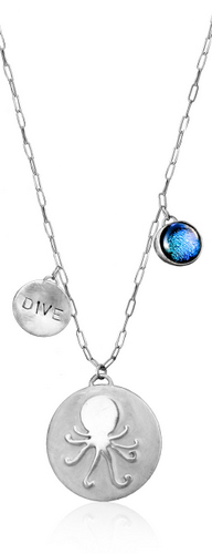 Sterling Silver Ocean Inspired Miss Scuba Charm Necklace with Blue Glass and Dive Charms