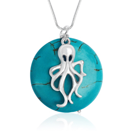 Ocean Inspired Turquoise Round Pendant with Octopus on Silver EP Snake Chain Necklace.